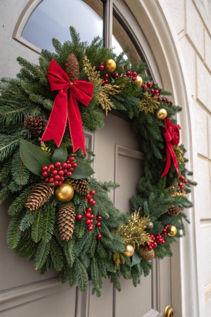 Classic Evergreen and Red Bow Wreath